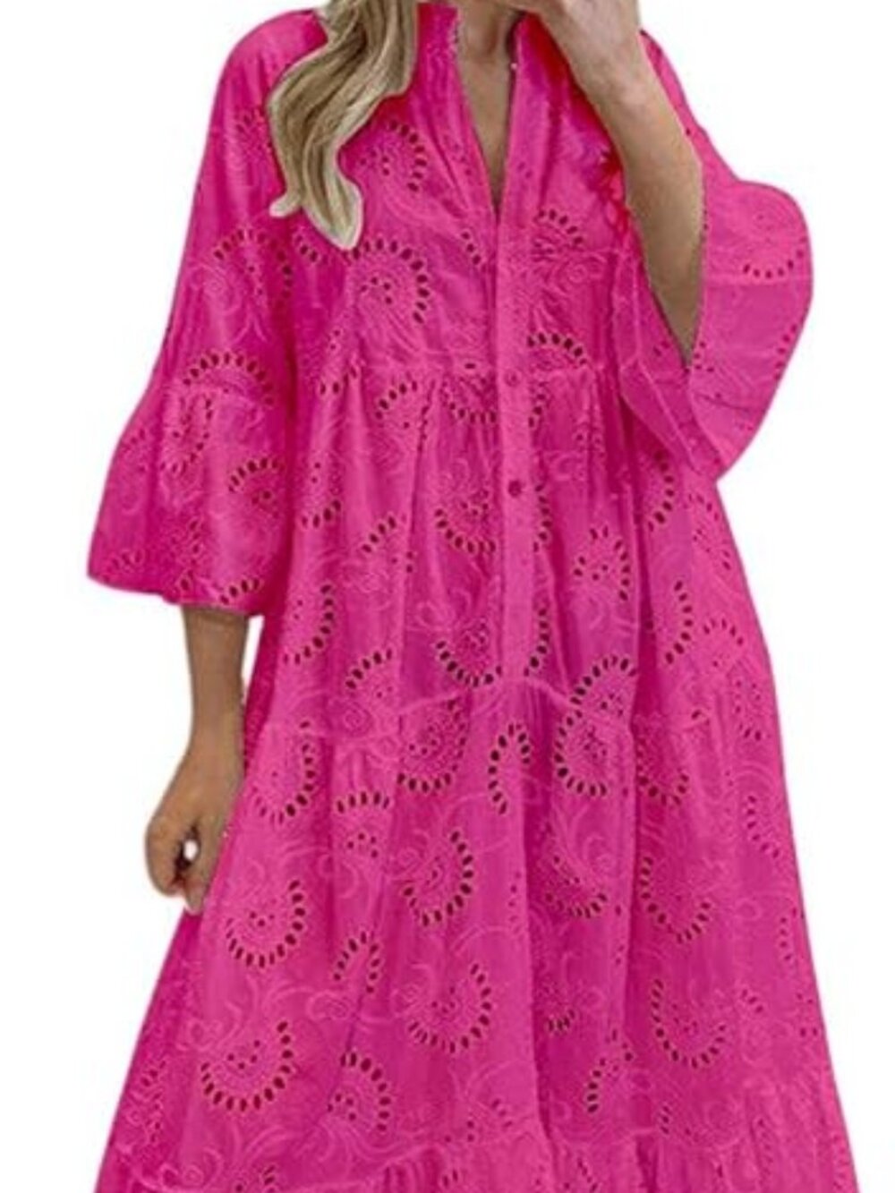 Women's 2026 Lace Eyelet Embroidery Maxi Dress V-Neck Trumpet Sleeve Boho Flowy